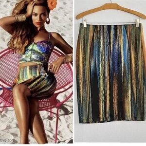 H&M Beyonce Pencil Skirt Fitted Stretch Multicolor Striped Knee Length Skirt (S)